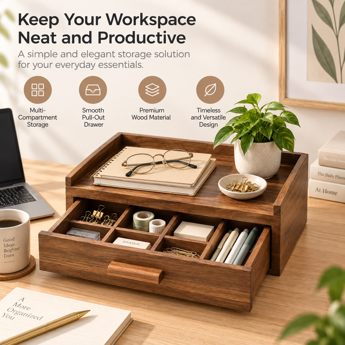 Wooden Drawer Desk Organizer