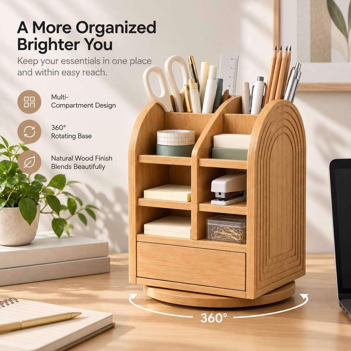 Rotating Wooden Desk Organizer