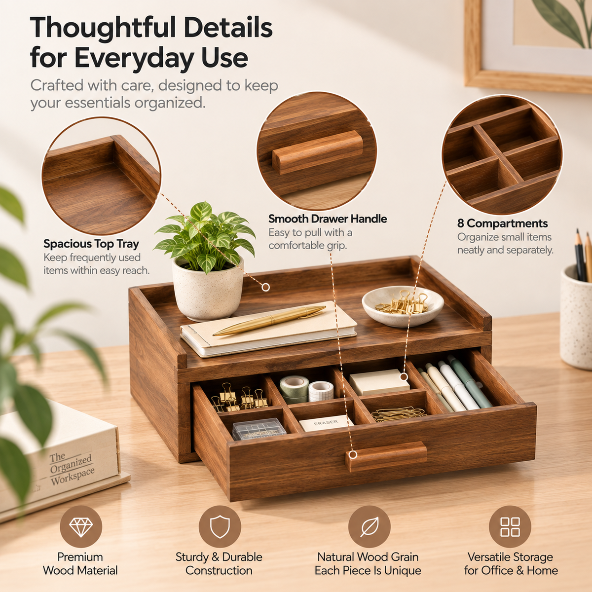 Wooden Drawer Desk Organizer